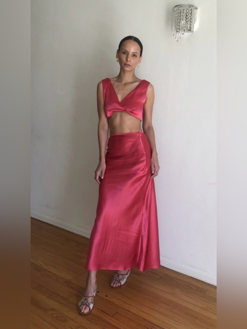 Collina Strada Satin Yod Skirt Satin Maxi Skirt in Pink Size Large